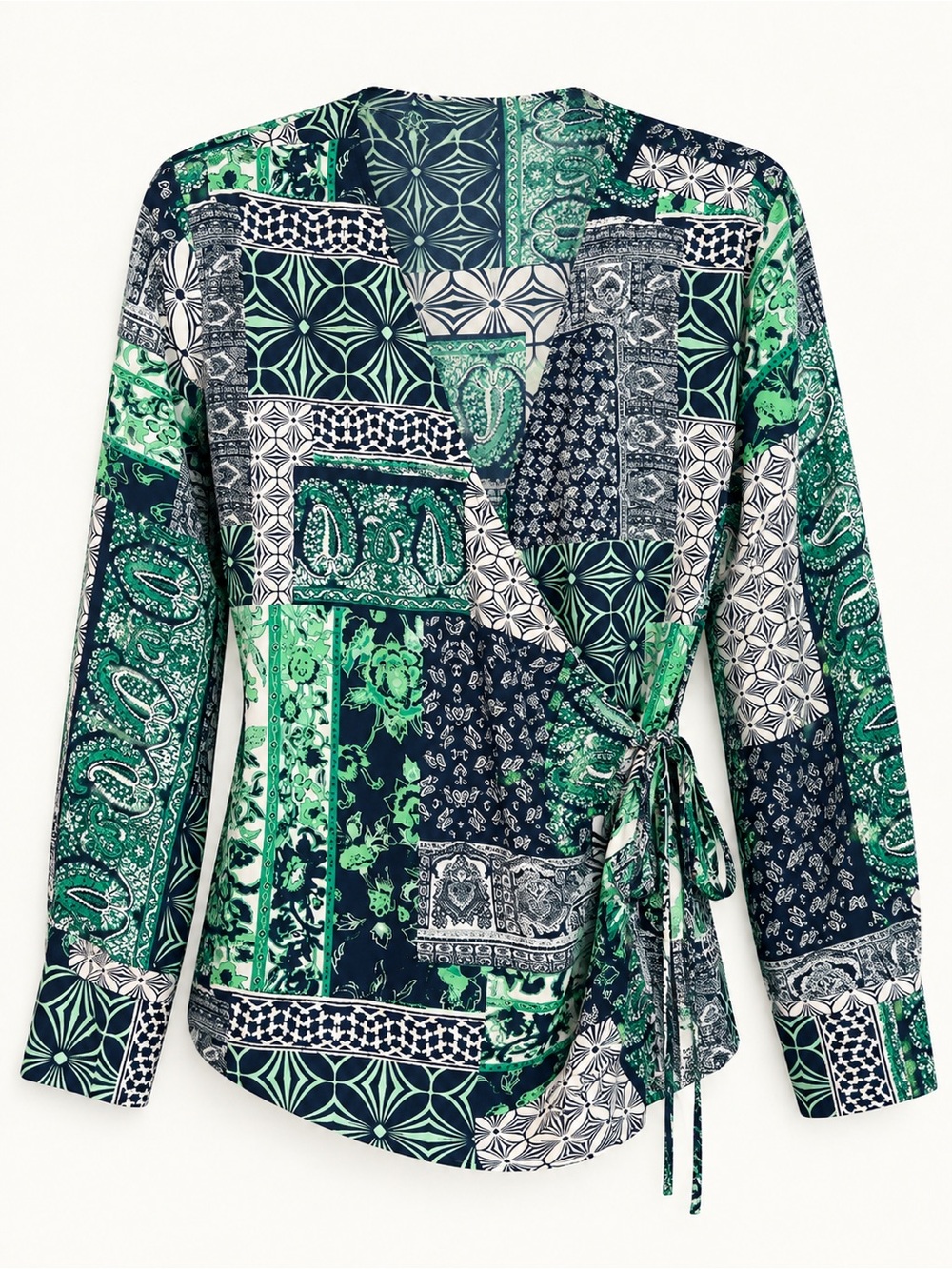 LOFT Patchwork Paisley Wrap Blouse Green Navy Size Large